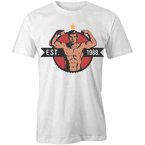 Flexing Man Est 1988 T-Shirt | Motivational Workout White Tee Gift