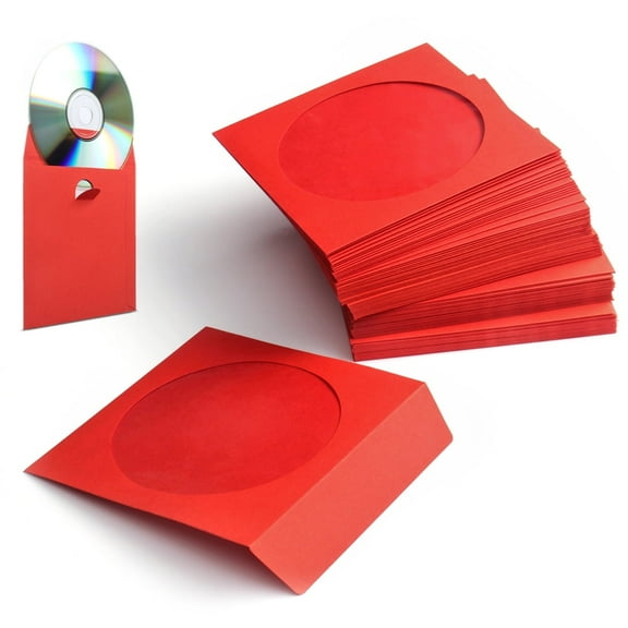 Flexion 100 Pack CD DVD Paper Sleeves (Red) Standard Envelope Cases Display Storage Premium with Window Cut Out and Flap for Music Movie Video Game Disc