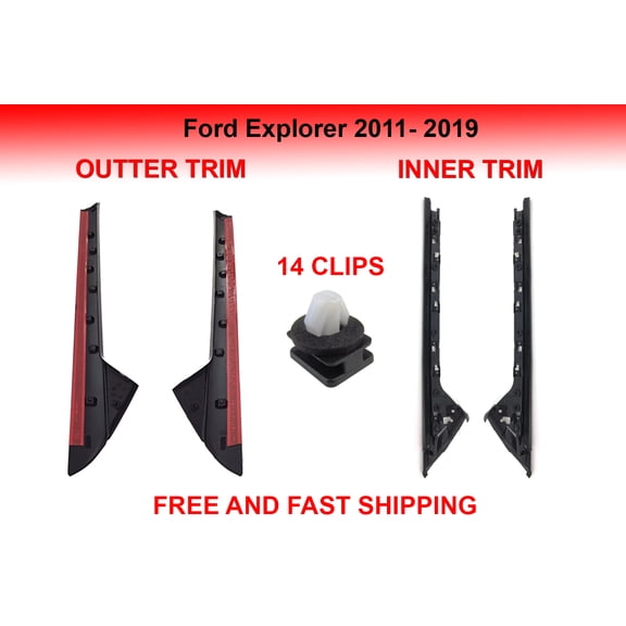 Flexline 2011-19 Compatible with Ford Explorer Windshield Outer (Glossy) & Inner Trim Pillar Molding Right & Left + Clips Ford Explorer Driver and Passenger Side Trim molding DW1843