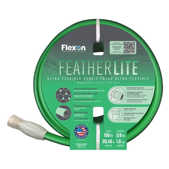 Flexon Featherlite 5/8" x 100-Foot Ultra Flexible Drinking Water Safe Garden Hose – Heavy Duty, Kink-Resistant, Lightweight, Durable, Ideal for Lawn, Garden, and Outdoor Use