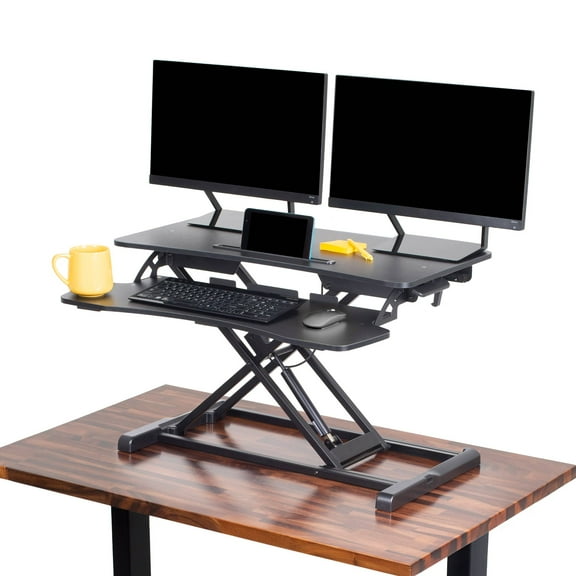 Flexpro Hero 32 Inch Standing Desk | 2 Level Standing Desk Converter with Keyboard Shelf and Monitor Riser | Large Dual Level Sit to Stand Workspace | Easily Sit or Stand in Seconds! (Black / 32")