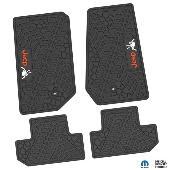 Flextread Floor Mats for 07-13 Jeep Wrangler JK 2-Door - Mopar Licensed Factory Fit - Black w/ Orange & White Jeep Wave & Wheel Insert - 100% Made in USA