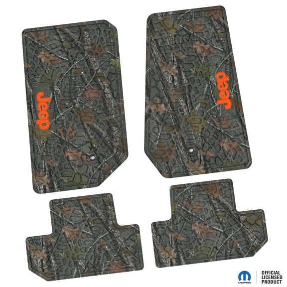 Flextread Floor Mats for 07-13 Jeep Wrangler JK 2-Door - Mopar Licensed Factory Fit - Rugged Woods Camouflage w/ Orange Jeep Insert - 100% Made in USA