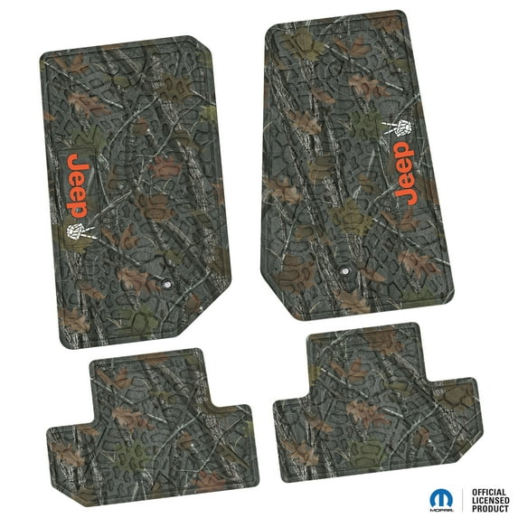 Flextread Floor Mats for 07-13 Jeep Wrangler JK 2-Door - Mopar Licensed Factory Fit - Rugged Woods Camouflage w/ Orange & White Jeep Peace Sign Insert - 100% Made in USA