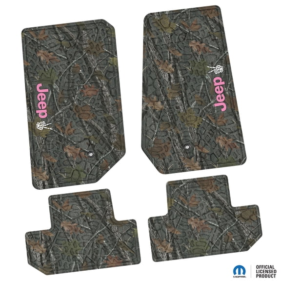Flextread Floor Mats for 07-13 Jeep Wrangler JK 2-Door - Mopar Licensed Factory Fit - Rugged Woods Camouflage w/ Pink & White Jeep Peace Sign Insert - 100% Made in USA
