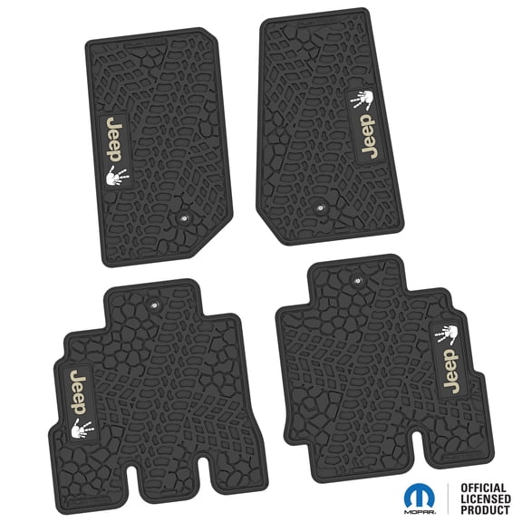 Flextread Floor Mats for 07-13 Jeep Wrangler JKU 4-Door - Mopar Licensed Factory Fit - Black w/ Tan & White Jeep Wave w/o Wheel Insert - 100% Made in USA