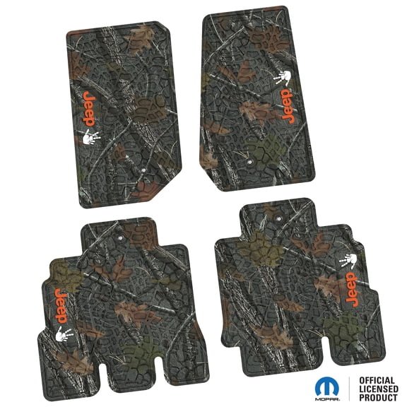 Flextread Floor Mats for 07-13 Jeep Wrangler JKU 4-Door - Mopar Licensed Factory Fit - Rugged Woods Camouflage w/ Orange & White Jeep Wave w/o Wheel Insert - 100% Made in USA