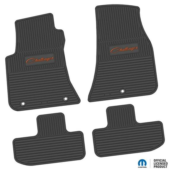 Flextread Floor Mats for 11-24 Dodge Challenger RWD - Mopar Licensed Factory Fit - Black w/ Orange Challenger Script Insert - Custom Vintage - 100% Made in USA