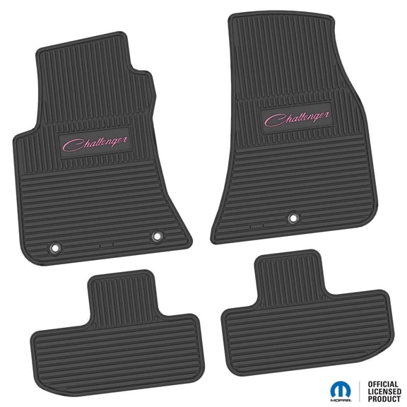 Flextread Floor Mats for 11-24 Dodge Challenger RWD - Mopar Licensed Factory Fit - Black w/ Pink Challenger Script Insert - Custom Vintage - 100% Made in USA
