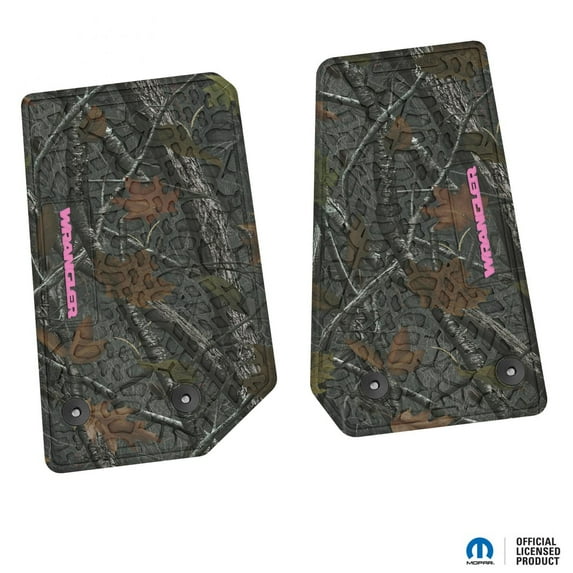 Flextread Floor Mats for 14-18 Jeep Wrangler JK 2-Door - Mopar Licensed Factory Fit - Rugged Woods Camouflage w/ Pink Wrangler Insert - 100% Made in USA