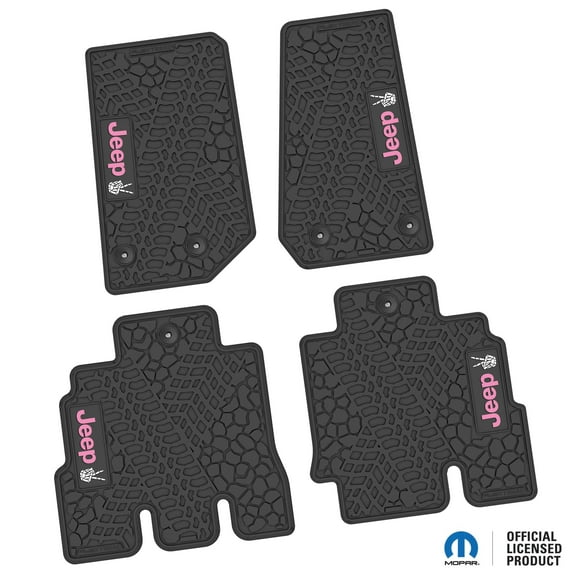 Flextread Floor Mats for 14-18 Jeep Wrangler JKU 4-Door - Mopar Licensed Factory Fit - Black w/ Pink & White Jeep Peace Sign Insert - 100% Made in USA