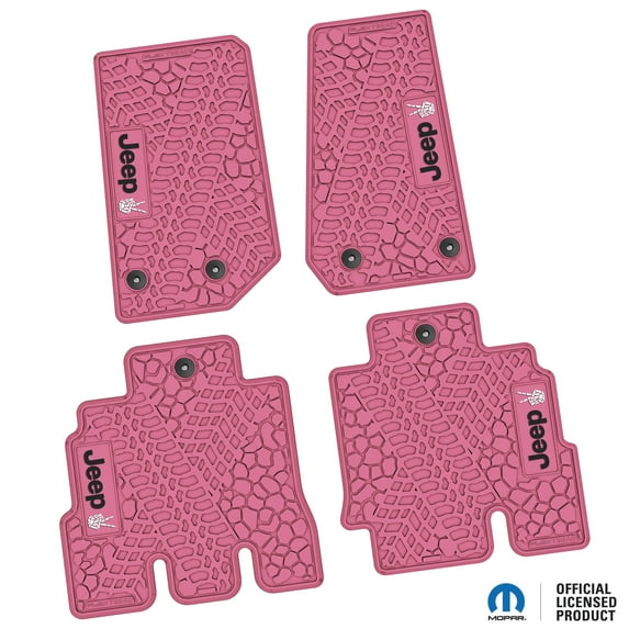 Flextread Floor Mats for 14-18 Jeep Wrangler JKU 4-Door - Mopar Licensed Factory Fit - Pink w/ Black & White Jeep Peace Sign Insert - 100% Made in USA