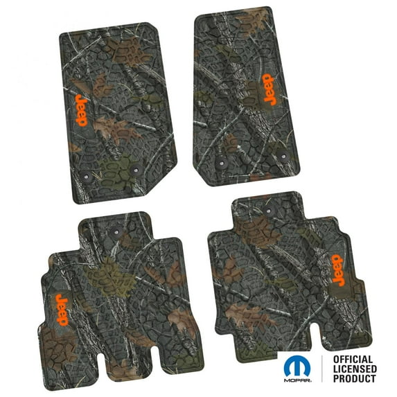 Flextread Floor Mats for 14-18 Jeep Wrangler JKU 4-Door - Mopar Licensed Factory Fit - Rugged Woods Camouflage w/ Orange Jeep Insert - 100% Made in USA