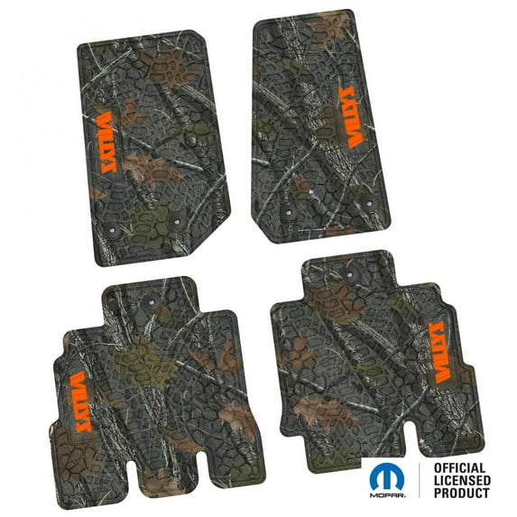 Flextread Floor Mats for 14-18 Jeep Wrangler JKU 4-Door - Mopar Licensed Factory Fit - Rugged Woods Camouflage w/ Orange Willys Insert - 100% Made in USA