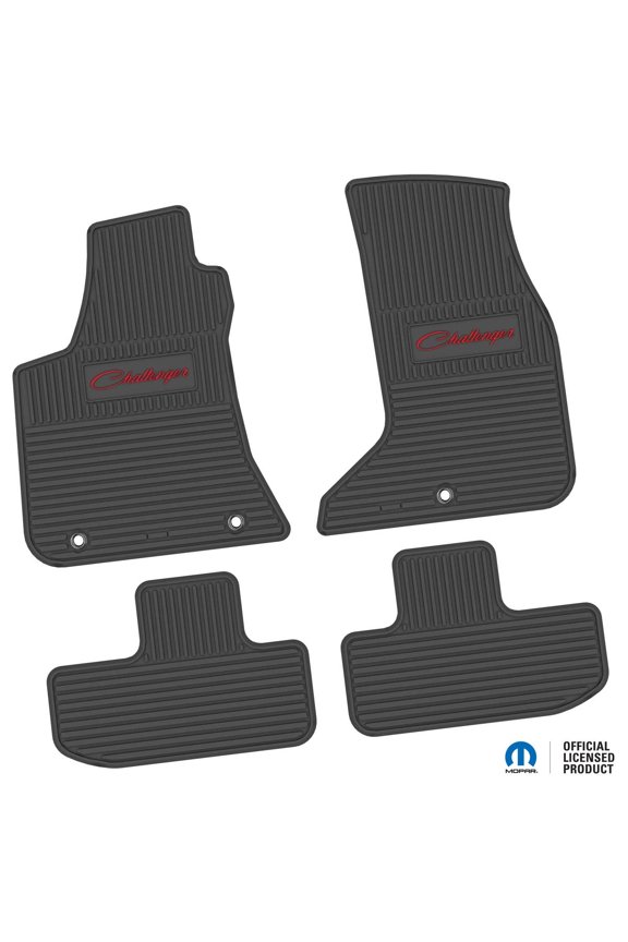 Floor Mats for 17-24 Dodge Challenger AWD - Mopar Licensed Factory Fit - Black w/ Red Challenger Script Insert - Custom Vintage - 100% Made in USA