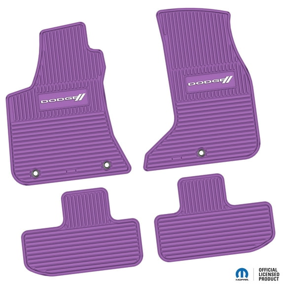 Flextread Floor Mats for 17-24 Dodge Challenger AWD - Mopar Licensed Factory Fit - Purple w/ White Dodge w/ Stripes Insert - Custom Vintage - 100% Made in USA