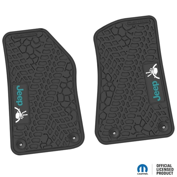 Flextread Floor Mats for 18-24 Jeep Wrangler JL, Gladiator & 4xe - Mopar Licensed Factory Fit - Black w/ Turquoise & White Jeep Wave & Wheel Insert - 100% Made in USA