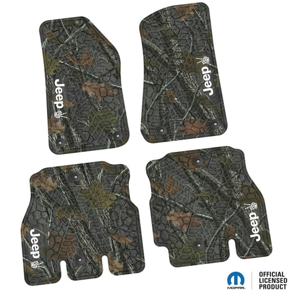 Flextread Floor Mats for 18-24 Jeep Wrangler JLU - Mopar Licensed Factory Fit - Rugged Woods Camouflage w/ White Jeep Peace Sign Insert - 100% Made in USA