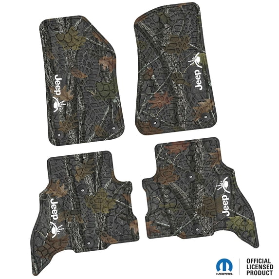 Flextread Floor Mats for 21-24 Jeep Wrangler 4xe - Mopar Licensed Factory Fit - Rugged Woods Camouflage w/ White Jeep Wave & Wheel Insert - 100% Made in USA