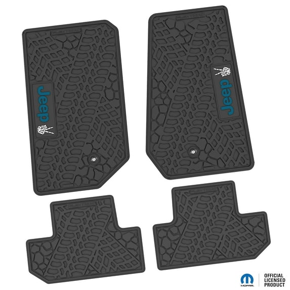 Flextread Floor Mats for 07-13 Jeep Wrangler JK 2-Door - Mopar Licensed Factory Fit - Black w/ Blue & White Jeep Peace Sign Insert - 100% Made in USA