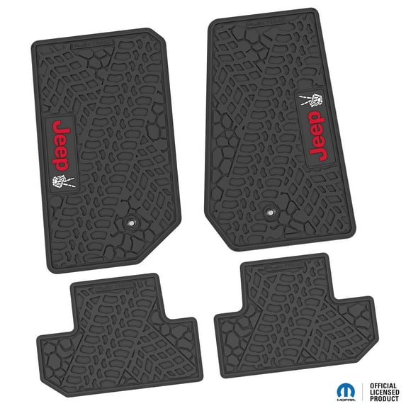 Flextread Floor Mats for 07-13 Jeep Wrangler JK 2-Door - Mopar Licensed Factory Fit - Black w/ Red & White Jeep Peace Sign Insert - 100% Made in USA