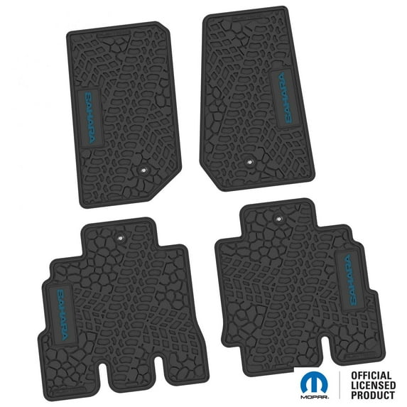 Flextread Floor Mats for 07-13 Jeep Wrangler JKU 4-Door - Mopar Licensed Factory Fit - Black w/ Blue Sahara Insert - 100% Made in USA