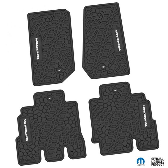 Flextread Floor Mats for 07-13 Jeep Wrangler JKU 4-Door - Mopar Licensed Factory Fit - Black w/ White Wrangler Insert - 100% Made in USA