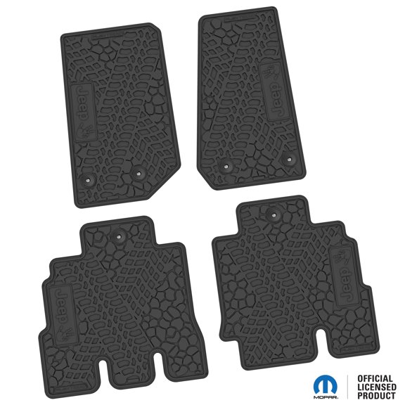 Flextread Floor Mats for 14-18 Jeep Wrangler JKU 4-Door - Mopar Licensed Factory Fit - Black w/ Jeep Wave w/o Wheel Insert - 100% Made in USA