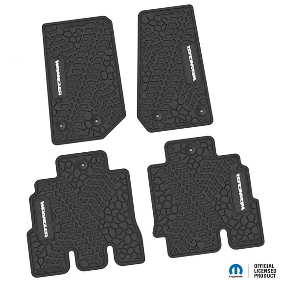 Flextread Floor Mats for 14-18 Jeep Wrangler JKU 4-Door - Mopar Licensed Factory Fit - Black w/ White Wrangler Insert - 100% Made in USA
