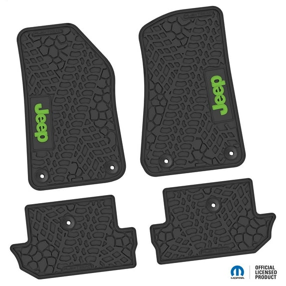 Flextread Floor Mats for 18-24 Jeep Wrangler JL 2-Door - Mopar Licensed Factory Fit - Black w/ Lime Jeep Insert - 100% Made in USA