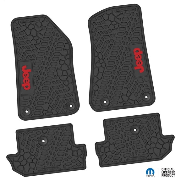 Flextread Floor Mats for 18-24 Jeep Wrangler JL 2-Door - Mopar Licensed Factory Fit - Black w/ Red Jeep Insert - 100% Made in USA