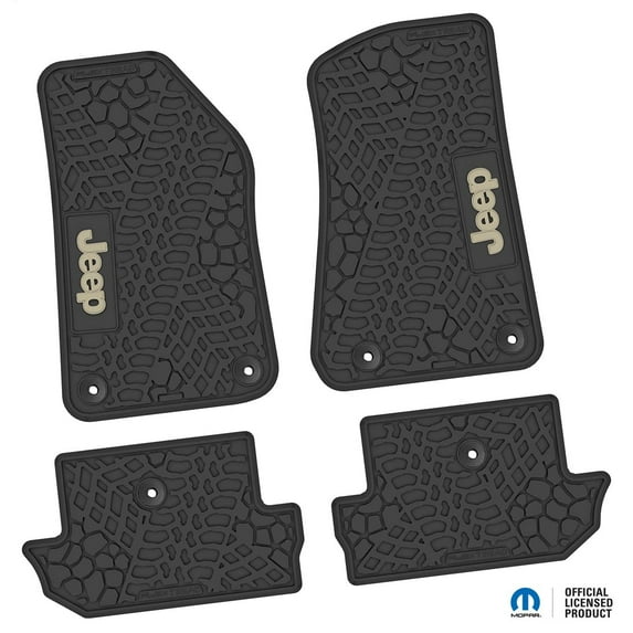 Flextread Floor Mats for 18-24 Jeep Wrangler JL 2-Door - Mopar Licensed Factory Fit - Black w/ Tan Jeep Insert - 100% Made in USA