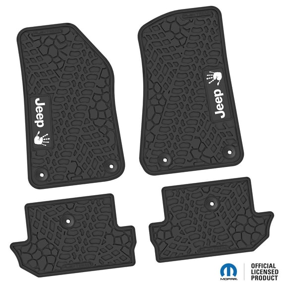 Flextread Floor Mats for 18-24 Jeep Wrangler JL 2-Door - Mopar Licensed Factory Fit - Black w/ White Jeep Wave Insert - 100% Made in USA