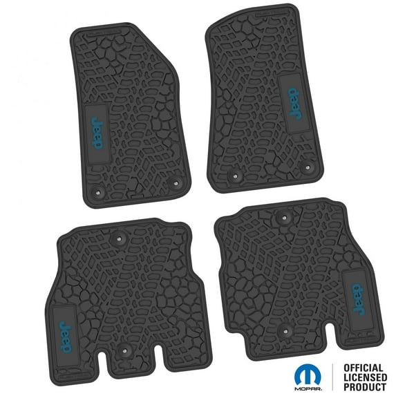 Flextread Floor Mats for 18-24 Jeep Wrangler JLU - Mopar Licensed Factory Fit - Black w/ Blue Jeep Insert - 100% Made in USA