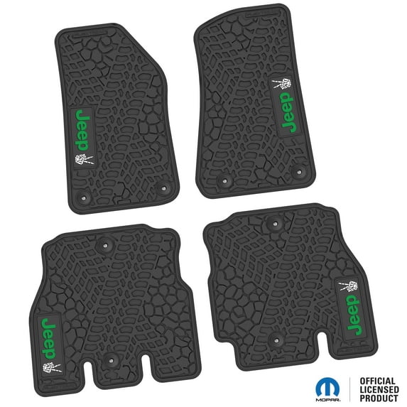 Flextread Floor Mats for 18-24 Jeep Wrangler JLU - Mopar Licensed Factory Fit - Black w/ Green & White Jeep Peace Sign Insert - 100% Made in USA