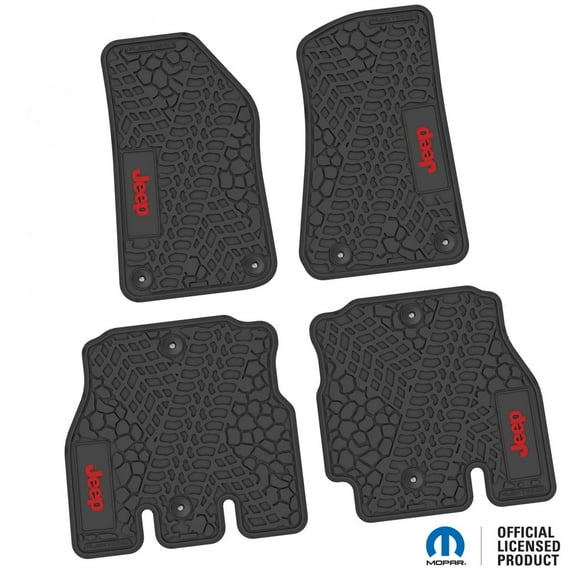 Flextread Floor Mats for 18-24 Jeep Wrangler JLU - Mopar Licensed Factory Fit - Black w/ Red Jeep Insert - 100% Made in USA