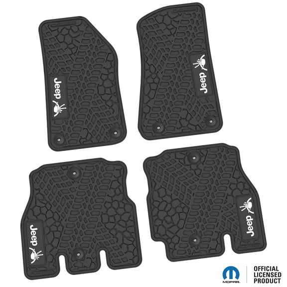 Flextread Floor Mats for 18-24 Jeep Wrangler JLU - Mopar Licensed Factory Fit - Black w/ White Jeep Wave & Wheel Insert - 100% Made in USA