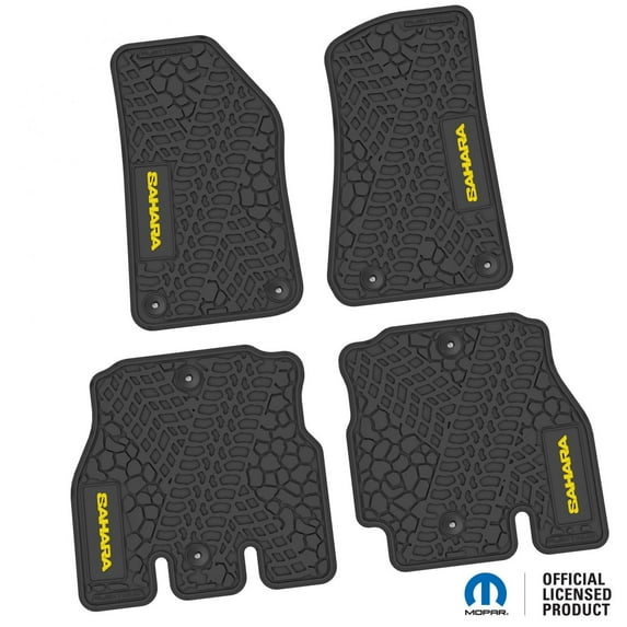 Flextread Floor Mats for 18-24 Jeep Wrangler JLU - Mopar Licensed Factory Fit - Black w/ Yellow Sahara Insert - 100% Made in USA