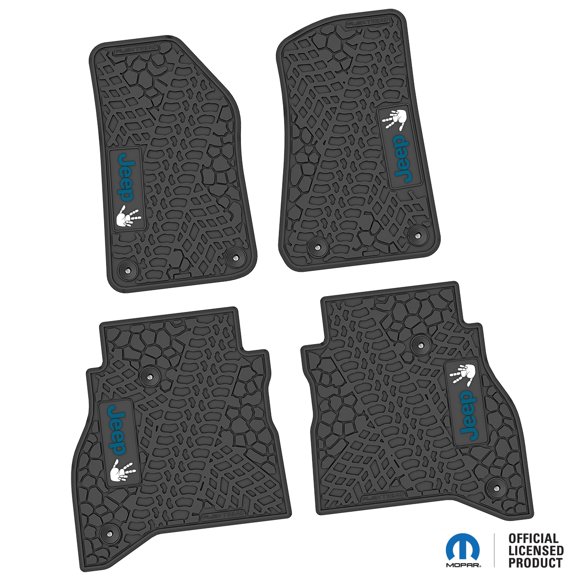 Flextread Floor Mats for 20-24 Jeep Gladiator - Mopar Licensed Factory Fit - Black w/ Blue & White Jeep Wave w/o Wheel Insert - 100% Made in USA