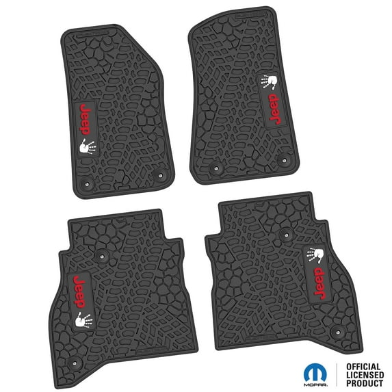 Flextread Floor Mats for 20-24 Jeep Gladiator - Mopar Licensed Factory Fit - Black w/ Red & White Jeep Wave Insert - 100% Made in USA