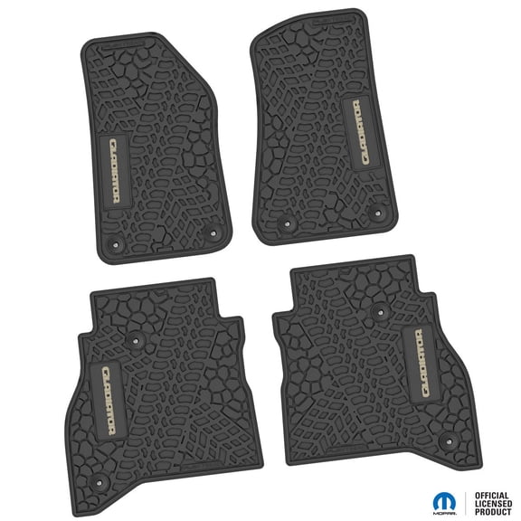 Flextread Floor Mats for 20-24 Jeep Gladiator - Mopar Licensed Factory Fit - Black w/ Tan Gladiator Insert - 100% Made in USA