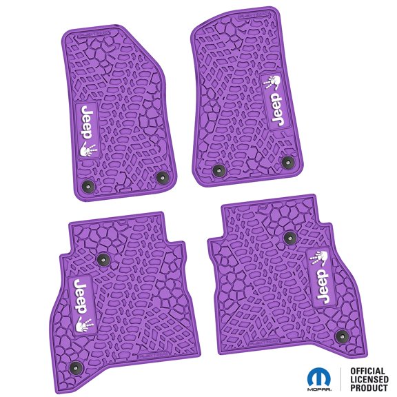 Flextread Floor Mats for 20-24 Jeep Gladiator - Mopar Licensed Factory Fit - Purple w/ White Jeep Wave w/o Wheel Insert - 100% Made in USA