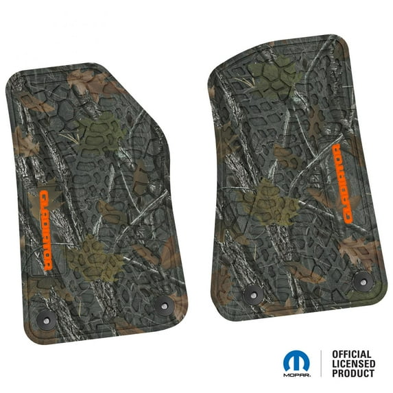 Flextread Floor Mats for 20-24 Jeep Gladiator - Mopar Licensed Factory Fit - Rugged Woods Camouflage w/ Orange Gladiator Insert - 100% Made in USA