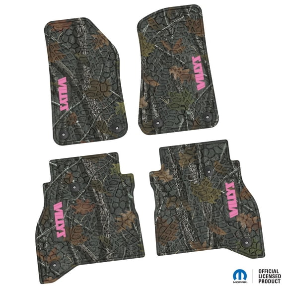 Flextread Floor Mats for 20-24 Jeep Gladiator - Mopar Licensed Factory Fit - Rugged Woods Camouflage w/ Pink Willys Insert - 100% Made in USA