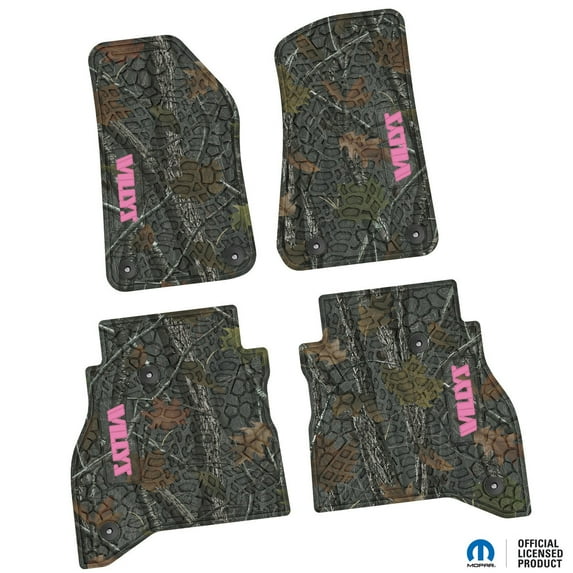 Flextread Floor Mats for 20-24 Jeep Gladiator - Mopar Licensed Factory Fit - Rugged Woods Camouflage w/ Pink Willys Insert - 100% Made in USA