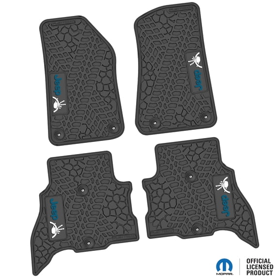Flextread Floor Mats for 21-24 Jeep Wrangler 4xe - Mopar Licensed Factory Fit - Black w/ Blue & White Jeep Wave & Wheel Insert - 100% Made in USA