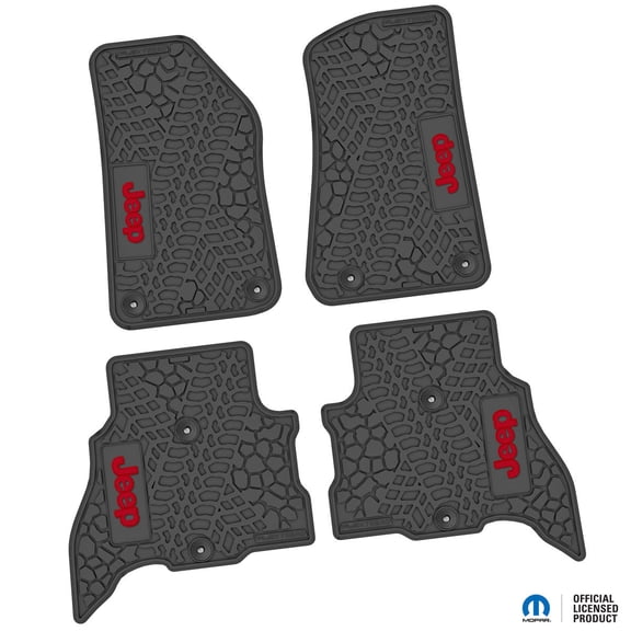 Flextread Floor Mats for 21-24 Jeep Wrangler 4xe - Mopar Licensed Factory Fit - Black w/ Red Jeep Insert - 100% Made in USA
