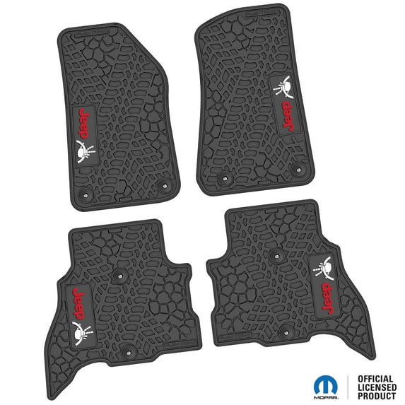 Flextread Floor Mats for 21-24 Jeep Wrangler 4xe - Mopar Licensed Factory Fit - Black w/ Red & White Jeep Wave & Wheel Insert - 100% Made in USA