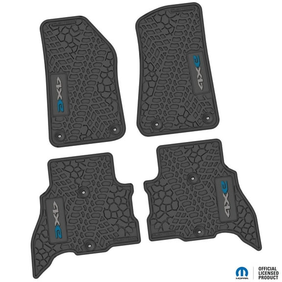 Flextread Floor Mats for 21-24 Jeep Wrangler 4xe - Mopar Licensed Factory Fit - Black w/ Silver '4x' & Blue 'e' Insert - 100% Made in USA