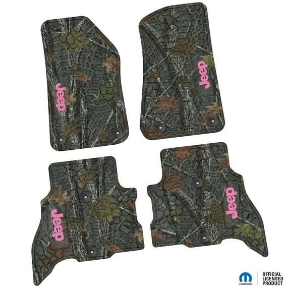 Flextread Floor Mats for 21-24 Jeep Wrangler 4xe - Mopar Licensed Factory Fit - Rugged Woods Camouflage w/ Pink Jeep Insert - 100% Made in USA